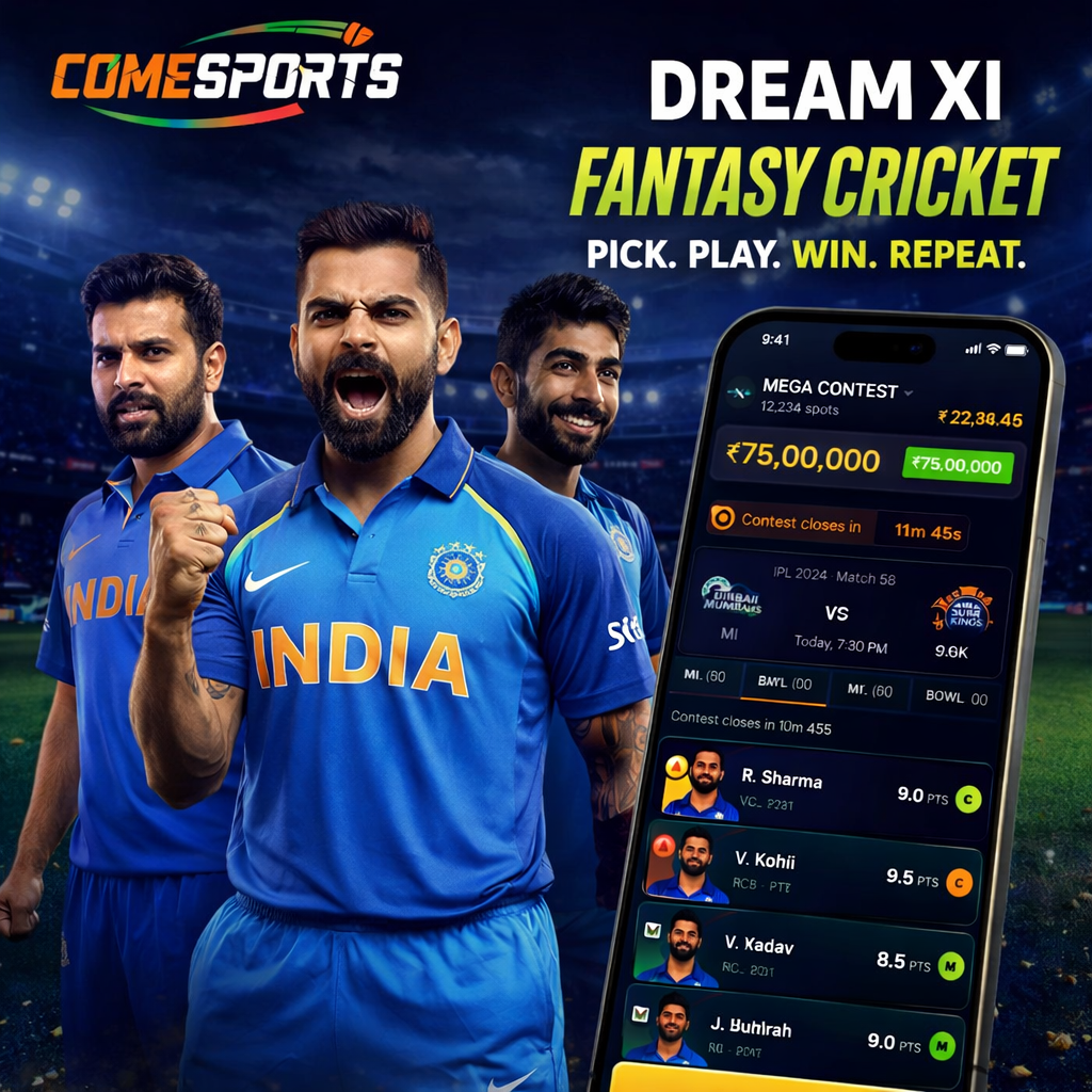 Come Play Hub fantasy cricket and India team visual