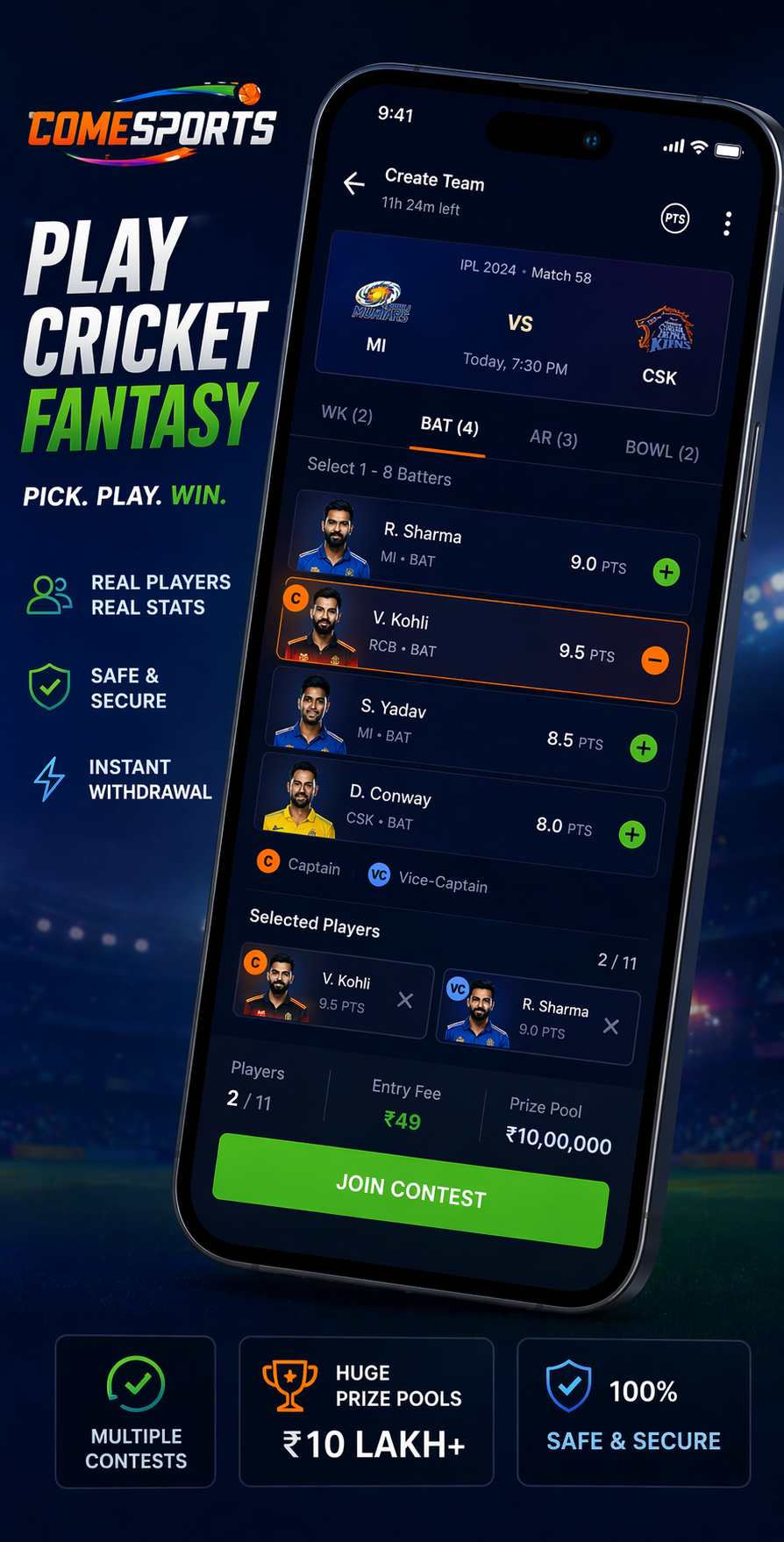 Come Play Hub cricket fantasy visual